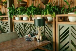 Cafe interior with elements of biophilic design. The concept of biophilia photo