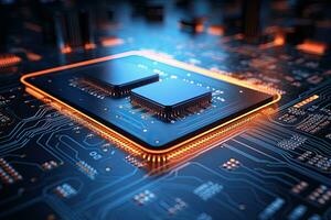 Highly rendering of microchip in blue light on circuit board background, Futuristic circuit board and microchip with glowing data transfer board, AI Generated photo