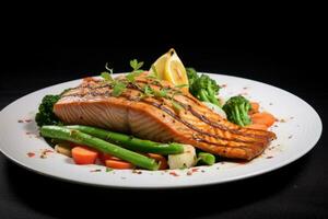 Salmon steak with vegetables on a white plate on a black background, Grilled salmon fillet with vegetables on a white plate closeup, AI Generated photo