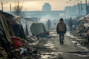 ucranio refugiados en el calle en kiev, Ucrania, Vagabundo y en pobreza en un tienda ciudad, ai generado foto