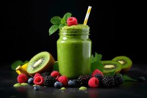 Green smoothie with kiwi, raspberries and blackberries on black background, Green smoothie with fruits and berries on Black background. Healthy food concept, AI Generated photo