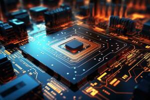 Circuit board with microchips and electronic components. 3d rendering, Futuristic circuit board and microchip with glowing data transfer board, AI Generated photo