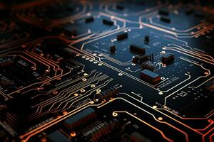 Circuit board. Electronic computer hardware technology. Motherboard digital chip. 3D rendering, Futuristic technology wallpaper with digital waves and circuit board patterns, Black, AI Generated photo