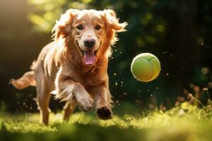 dorado perdiguero corriendo con un tenis pelota en sus boca, dorado perdiguero perro jugando con un pelota en el jardín, ai generado foto