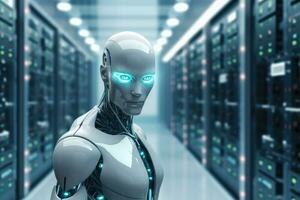 3d rendering humanoid robot in server room with circuit board in background, Futuristic illustration of an AI robot on a blurry server room background, AI Generated photo