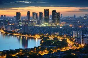 chao phraya río y Bangkok paisaje urbano a crepúsculo, tailandia, Hanoi horizonte paisaje urbano a crepúsculo período. cau giay parque, Oeste de Hanoi, ai generado foto