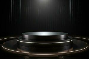 Black round podium on a dark background. 3d rendering mock up, Futuristic dark podium with light and reflection background, AI Generated photo