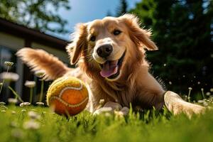 Portrait of golden retriever dog lying on green grass with ball, Golden Retriever dog playing with a ball in the garden, AI Generated photo