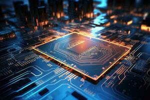 Circuit board close-up. Technology background. 3d rendering, Futuristic circuit board and microchip with glowing data transfer board, AI Generated photo