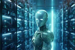 3D rendering humanoid robot working in server room with binary code on screen, Futuristic illustration of an AI robot on a blurry server room background, AI Generated photo