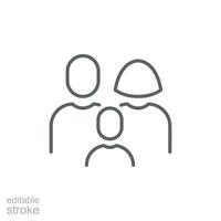 Family icon. Simple outline style. Parents and child, father, mother, kid, couple, together concept. Thin line symbol. Vector illustration isolated. Editable stroke.