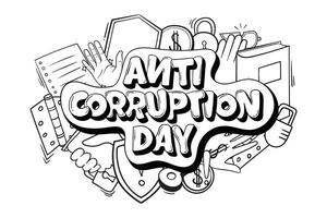 Typography of anti corruption day design with book, shield, hand, dollar icon in doodle art concept vector