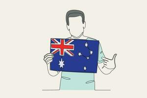 Colored illustration of a man pointing at the Australian flag vector