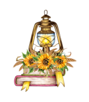 Watercolor illustration of retro lantern of books, sunflower and wheat flowers. Autumn vintage clipart. Isolated. Composition for the design of souvenirs, cards, posters, banners, menus, labels, png