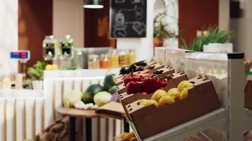 Low carbon footprint zero waste supermarket with natural organic fruits, vegetables, grains, spices and pasta on display. Empty environmentally conscious local grocery store, close up on shelves video