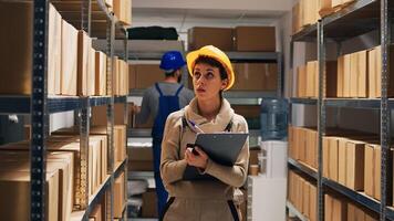Depot supervisor checking list of merchandise on files, using papers to do cargo inventory. Woman in overalls and hardhat counting number of boxes and packages on warehouse racks. photo