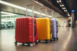 Three stylish multi-colored suitcases stand in an empty airport corridor. Airplane travel concept. Waiting for departure. enerated by artificial intelligence photo