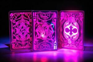 Playing cards in neon light on a black background, close-up, playing cards glow in pink and purple neon colors, AI Generated photo