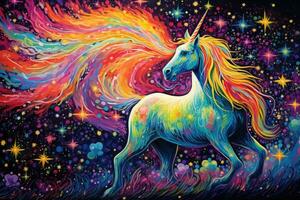 unicornio con arco iris melena y cola en estrellado cielo fondo, puntillismo espacio unicornio majestuoso vistoso estrellas mágico fantasía, ai generado foto