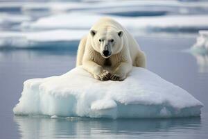 Polar bear Ursus maritimus on the pack ice, north of Svalbard Arctic Norway, polar bear stranded on a shrinking ice cap, AI Generated photo