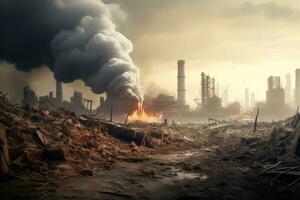 Global warming concept. Pollution of the environment by factories and power plants, pollution of the planet and atmosphere with harmful emissions, AI Generated photo