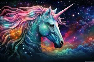 unicornio en cósmico espacio. fantasía unicornio con arco iris melena, puntillismo espacio unicornio majestuoso vistoso estrellas mágico fantasía, ai generado foto