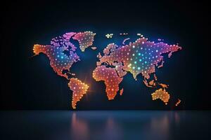 Abstract world map with colorful lights on dark background. Vector illustration, pixel world map with spot lights, AI Generated photo