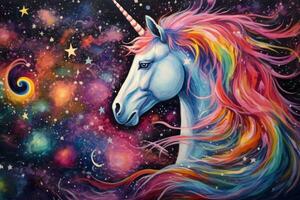unicornio con arco iris melena en cósmico antecedentes. fantasía ilustración, puntillismo espacio unicornio majestuoso vistoso estrellas mágico fantasía, ai generado foto