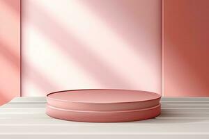 3d render of minimal geometric forms. Pink podium for your design, Pink or coral podium mockup. Realistic 3d vector pedestal for cosmetics presentation with a window shadow on wall, AI Generated photo