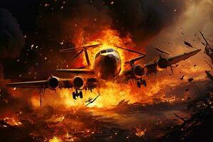 aviones en el fuego. 3d ilustración. elementos de esta imagen amueblado por nasa, el avión estrellado a el suelo, ai generado foto