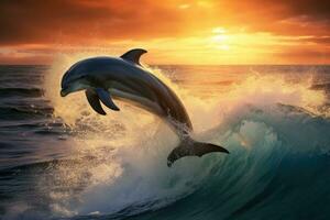 Dolphins jumping out of the ocean at sunset. 3d rendering, Playful dolphins jumping over breaking waves, AI Generated photo