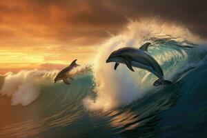 Dolphins jumping out of the ocean at sunset. 3d render, Playful dolphins jumping over breaking waves, AI Generated photo