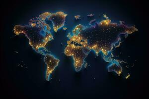 Map of the world, glowing lines on a dark background. Vector illustration, pixel world map with spot lights, AI Generated photo