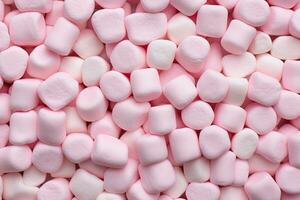 Pink and white marshmallows background. Top view. Flat lay, pink marshmallow for Valentine Day as background and texture, AI Generated photo