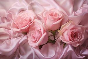 rosado rosas en un rosado satín fondo, de cerca, rosado rosas en suave seda, ai generado foto