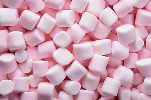 Pink and white marshmallows background. Top view. Flat lay, pink marshmallow for Valentine Day as background and texture, AI Generated photo