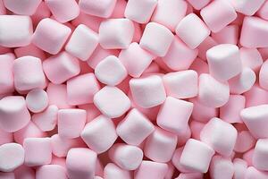 Pink and white marshmallows background. Top view. Flat lay, pink marshmallow for Valentine Day as background and texture, AI Generated photo