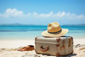 Suitcase and brimmed hat on the seashore. The concept of holidays, vacation, seaside holiday. enerated by artificial intelligence photo