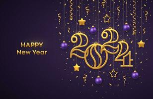 Happy New Year 2024. Hanging Golden metallic numbers 2024 with shining 3D metallic stars, balls and confetti on purple background. New Year greeting card banner template. Realistic Vector illustration