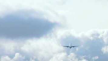 Rear view of a jet plane gaining altitude in the sky. Passenger plane take off. Departure flight video