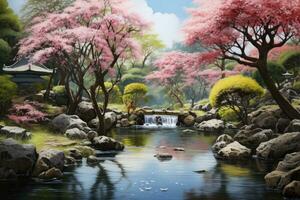 japonés jardín con Cereza flores en primavera tiempo, colorido cuadro, pintura de un japonés jardín con sakura árbol ultra realista fotorealista realismo, ai generado foto