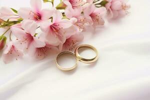 Boda anillos y sakura flores en blanco satín fondo, rosado flores y dos dorado Boda anillos en blanco fondo, ai generado foto