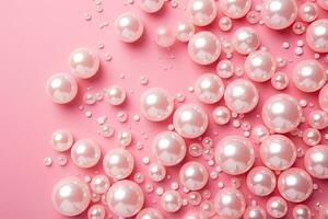 Pink pearls on pink background, top view. Space for text, Pearl confetti on pink background, AI Generated photo