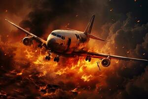 Airplane in the fire. 3D illustration. Elements of this image furnished by NASA, The plane crashed to the ground, AI Generated photo