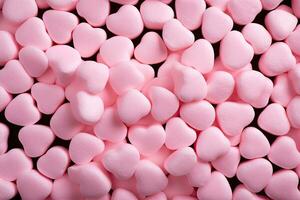 Pink heart shaped candies on black background, top view. Valentine's day background, pink marshmallow for Valentine Day as background and texture, AI Generated photo