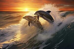 delfines saltando fuera de el Oceano a puesta de sol. 3d representación, juguetón delfines saltando terminado rotura ondas, ai generado foto