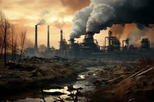 Factory polluting environment. Pollution of the atmosphere. Global warming, pollution of the planet and atmosphere with harmful emissions, AI Generated photo