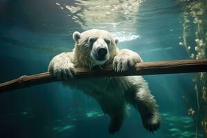 polar oso ursus maritimus en el zoo, polo oso nadando submarino en un jugar ambiente, ai generado foto