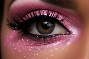 Close up shot of beautiful woman's eye with pink makeup, Pink Glitter With Sparkle, AI Generated photo