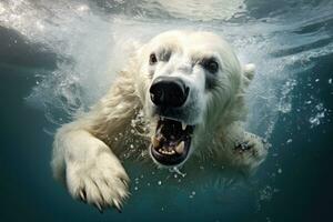 Polar bear swimming underwater in the pool with a stick. Toned, Pole bear swimming underwater in a play environment, AI Generated photo